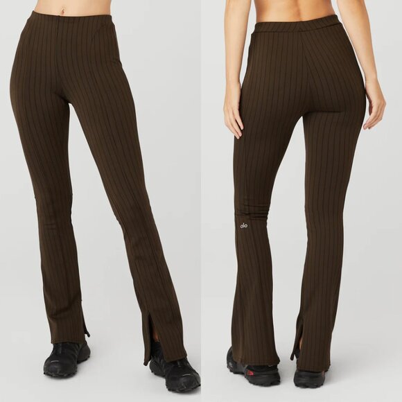 ALO Yoga Brown High Waist Pinstripe Zip It Flare Legging in Espresso Black - Picture 1 of 13